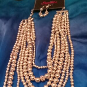 Silver Multi-Strand Beaded Necklace and Earrings Set